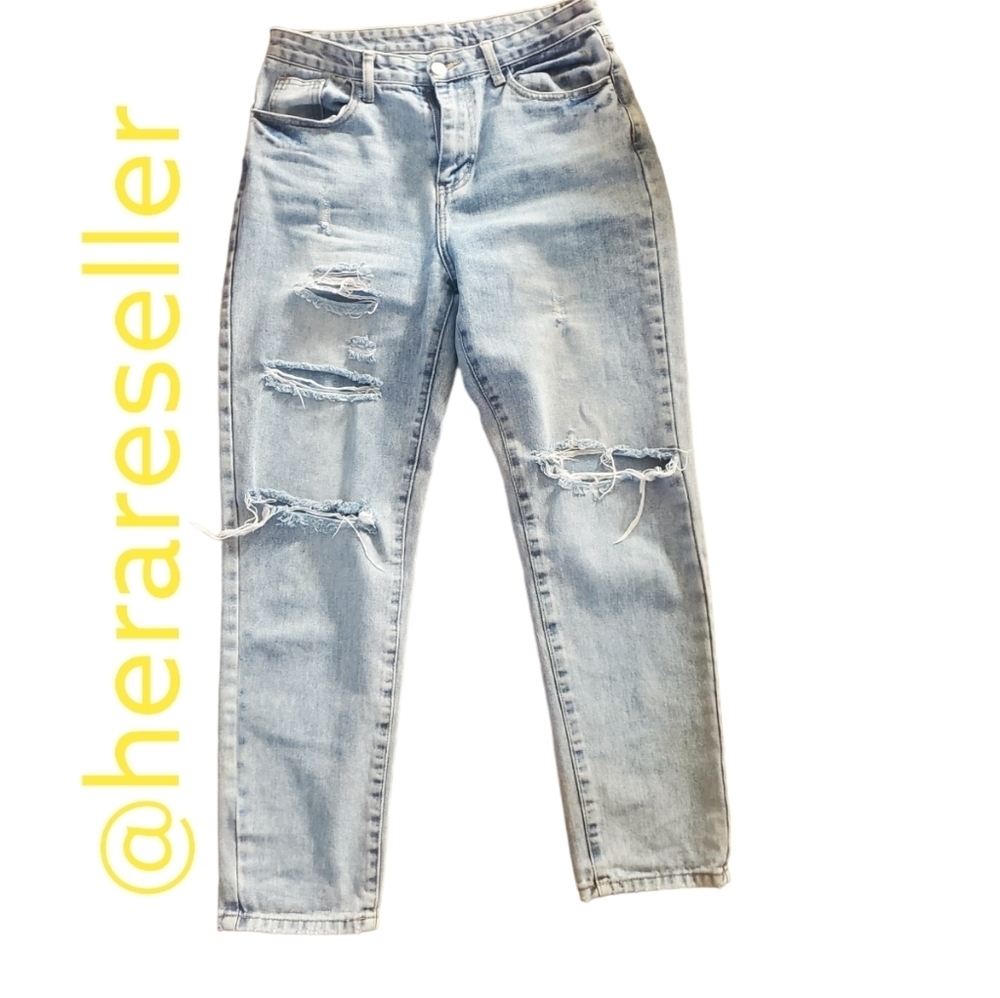 Shein Medium High Rise Mom Jeans Denim Ripped Jeans,